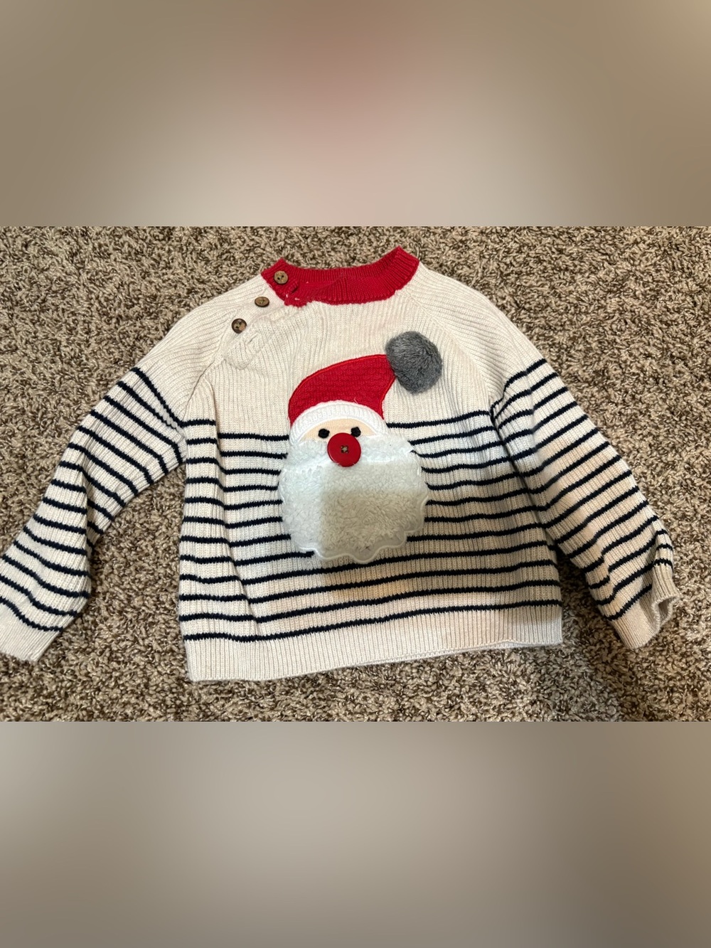 Striped Cream & Navy Christmas Sweater with Santa